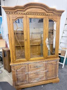 Traditional Oak China Cabinet with Glass Doors, 3 Drawers, and Decorative Trim