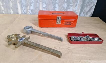 (1) VESTIL Drum Bung Nut Wrench, Model BNW-BX-W, (1) Unbranded Drum Bung Nut Wrench, (34) Assorted Small Box End Wrenches & (1) Small Metal Toolbox