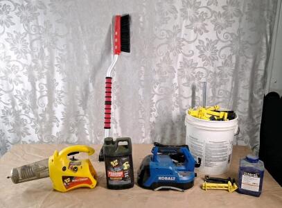 (1) Black Flag Insect Fogger, (1) 64-Oz Bottle Of Black Flag Fogging Insecticide, (1) Kobalt Wireless Chemical Sprayer Base, (1) Ice Scraper / Snow Brush, (1) 5-Gallon Bucket Of Electric Fence Wire Hangers & (1) 5-Pound Bottle Of Medium Mesh Ground Glass 