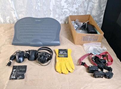 (1) Pair Of Earbud Headphones, (1) Pair Of Sony Headphones, (2) USB Mice, (1) Kensington Foot Rest & More