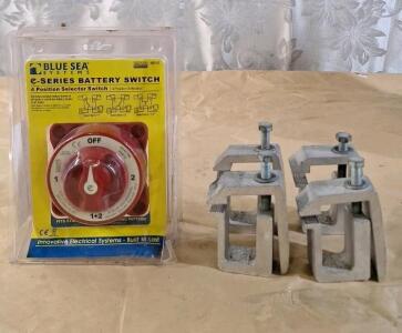 (1) Blue Sea 9002e e-Series Selector Battery Switch AFD 4-Position & (4) Camper Shell Mounting Clamps