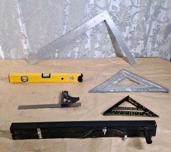 (1) Table Saw Adjustable Taper Jig, (1) Stanley 24" Framing Square, (1) Johnson 12" Rafter Angle Square, (1) Stanley 7" Premium Quick Square Layout Tool, (1) Johnson Level 12" Combination Square & (1) 16" Laser Level