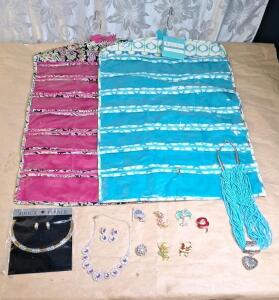 (2) Hanging Jewelry Organizers & Assorted Pieces Of Cosmetic Jewelry