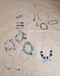 (2) Pandora Sterling Silver Clip On Bracelets, (3) Clip Pn Bracelets W/ Pandora Style Glass Beads W/ 925 Silver Cores & More
