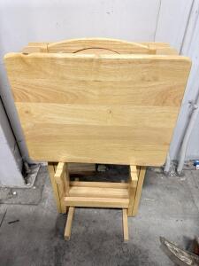 Set of 3 Wooden Folding TV Tray Tables with Stand, Light Finish, Solid Wood Construction