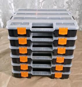 (6) Stackable Hardware Storage Boxes W/ Assorted Hardware