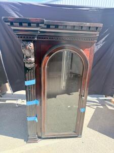 Antique-Style Wall Clock Case, Victorian Lion Head Carving, Arched Glass Door, Ornate Molding