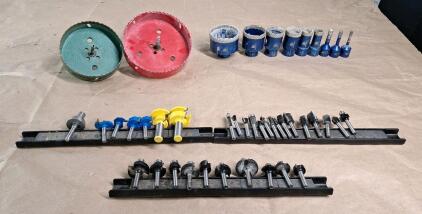 (32) Assorted Router Bits, (1) 9-Piece Blue BRSCHNITT Diamond Core Drill Bit Set & (2) Large Hole Saws, (1) 5-1/4", (1) 4-1/4"