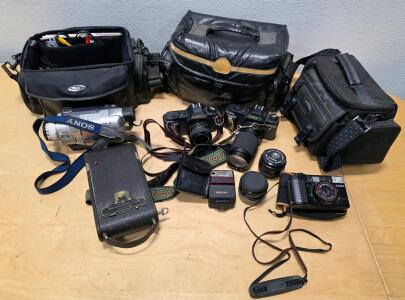 Canon T50 Film SLRs, AF35M, Lenses, Sony Handycam DCR-TRV120, Kodak Folding Camera, Bags