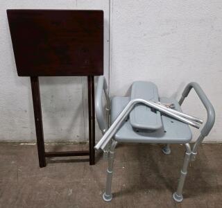 Folding Wooden TV Tray Table & Adjustable Aluminum Medical Transfer Bench Bath Chair With Arms