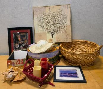 Mixed Home Decor Lot: 2 Art Prints, Large Wicker Basket, Seashell, Candles, Decorative Box