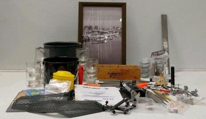 Mixed Lot &ndash; Glassware, Pots, Tools, Framed Photo, Ski-Doo Manual