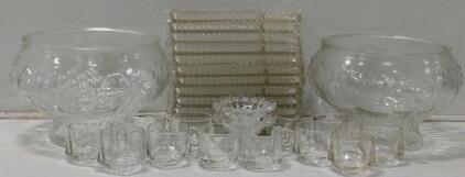 Midcentury Anchor Hocking Bubble Glass Punch Bowl Set with Snack Trays and 12 Cups, 2 Bowls