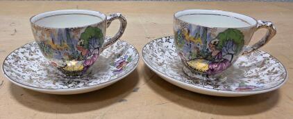 (2) LS England Bone China Tea Cup and Saucer Crinoline Lavender Lady, Castle, Golden Flowers