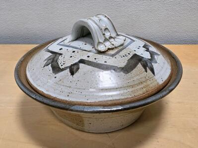 Handcrafted Stoneware Lidded Casserole Bread Bowl, Artist Signed Ruth, 12" Diameter, Unique Handle