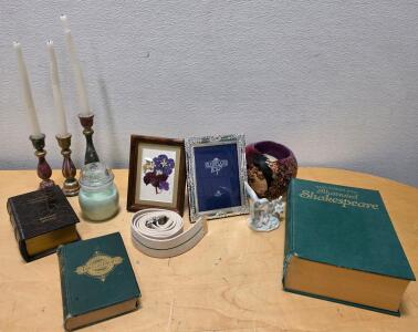 Vintage Book and Decor Lot: Gone With The Wind, Complete Illustrated Shakespeare, Candlesticks, Frames