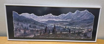 Dan Looney Signed 1992 Panoramic Framed Mountain Landscape Print, 49"x16", Winter Village Scene