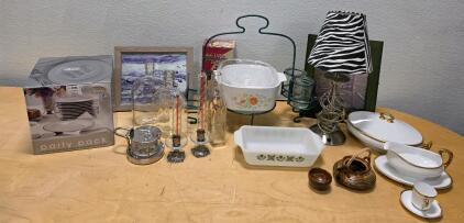Vintage & Modern Kitchen Lot: Gibson Dinnerware, Corning Ware, Pyrex, Lamp, Serveware, Decor