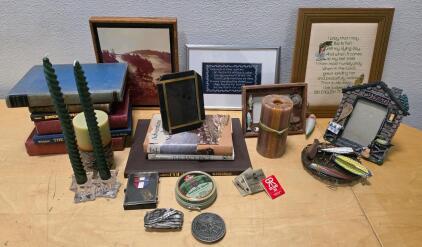Assorted Vintage Decor, Fishing Lures, 1940s&ndash;90s Books, Framed Embroidery, Collectibles Lot