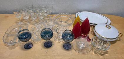 Vintage Mixed Tableware Lot - Crystal Glassware, Gold-Trim Dishware, Colored Goblets, Holiday Candles