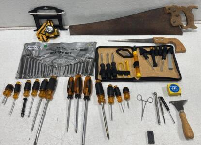 Mixed Hand Tool Lot &ndash; Vintage & Modern &ndash; 25pc Hex Key Set, Saw, Screwdrivers, Tool Kit