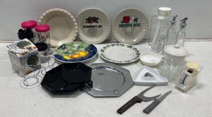 Vintage Recipe Pie Plates "Apple Pie" & "Strawberry Pie" + Assorted Kitchenware Lot