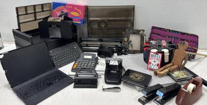 Office Supplies; Paper cutter, Hole puncher and Stanley Stapler, much more inside.