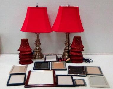 Pair of Brass Table Lamps with Red Shades & Lot of 11 Assorted Metal, Wood, and Resin Picture Frames