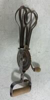 (2) antique table lamps, Antique metal mess kit, glass table jar, wall shelf, collection of tall shot glasses. Wall shelf. dog themed hanging hooks. Antique hand mixer and stained glass lamp shade. - 3