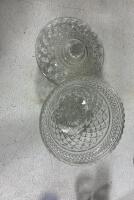 (2) antique table lamps, Antique metal mess kit, glass table jar, wall shelf, collection of tall shot glasses. Wall shelf. dog themed hanging hooks. Antique hand mixer and stained glass lamp shade. - 4