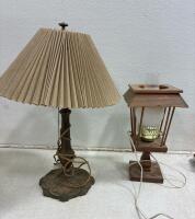(2) antique table lamps, Antique metal mess kit, glass table jar, wall shelf, collection of tall shot glasses. Wall shelf. dog themed hanging hooks. Antique hand mixer and stained glass lamp shade. - 8