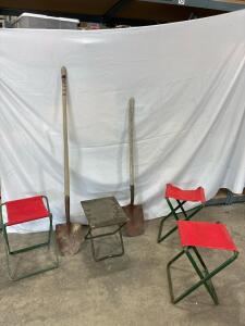 (3)Vintage Coleman folding Camp chairs. US issued Folding Field Desk. vietnam Era.(2) Shovels.