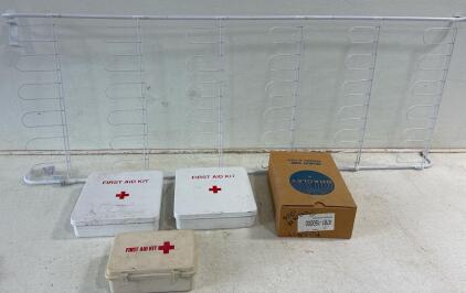 Wire Door hanging shoe rack holds up to 18 pairs of shoes. (2) Metal,First Aid Storage Boxes, Plastic Storage first aid box, Metal Disposal Box.