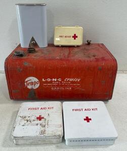 TEMPO L-O-N-G Cruise 18 Gallon Outboard Motor FuelTank, (2) Metal, First Aid Boxes, plastic travel first aid kit box, and a disposal box.