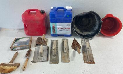 RELIANCE 7 gallon AQUA-TAINER, MIDWEST CAN 5 gallon Gasoline Container, used concrete and masonry hand tools, 7&rdquo; LED versi Lite ( 640 lumiens)
