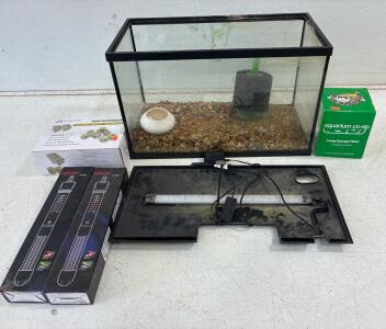 10 gallonAquarium tank( 20inLx10inWx12inH),top with light. 2Lbs of ceramic biofilter rings, (2) aquarium Co-op Large Sponge Filter, (2)HITOP 100W aquarium heater and More.