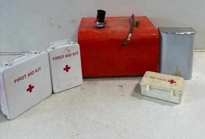 Unbranded onboard Motor Fuel tank, [capacity unknown, still liquid left in bottom. (18inLx15inWx11in)](2) Metal, First Aid Boxes, plastic travel first aid kit box, and a disposal box.