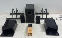 VIZIO S3821w-C0 3piece surround sound system( unable to test), FARBERWARE small knife block with knives (4 knives and kitchen sheers),(2) NO SPIll liquid laundry detergent holders, 2 garage bike organizers. And much more.