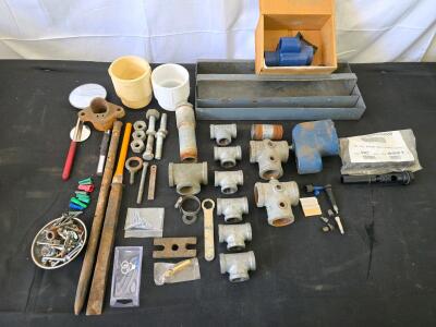 Large Mixed Lot Industrial Pipe Fittings, Bolts, Tools & Hardware, 40+ Pieces, 1" Galvanized