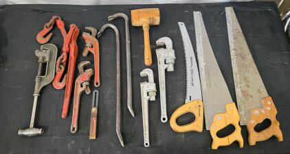 Vintage USA Tool Lot: RIDGID & Schick Wrenches, Disston D-23 Saw, Greenfield Clamp