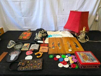 Eclectic Collectibles Lot: Metallica Flask, AA Tokens, Beaded Purse, Art Plaques & More