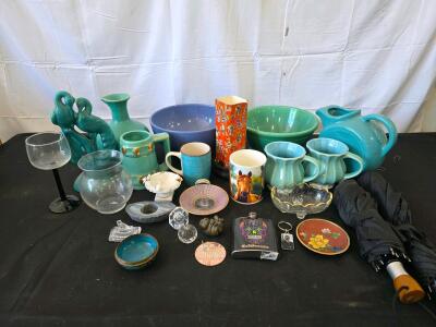 Large Mixed Lot: Fiesta Style Pitcher, Bowls, Cloisonn&eacute;, Glass, Figurines, Umbrellas, More
