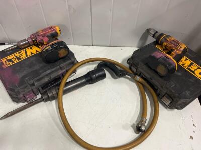 (2) DeWalt 18V Cordless Drill Set with Cases & Pneumatic Chipping Hammer with Hose and Chisel, Tested, Work