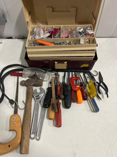 Mixed Hand Tool Set with Screwdrivers, Wrenches, Pliers, Hammer, Saw, Hardware & Plastic Toolbox