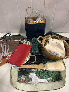 Mixed Lot: 5 Purses, Canon IXY Digital Camera, Blanket, Basket, Back Scrubber, Tapestry, More
