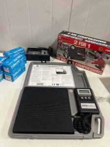 TIF 9010A Slimline Electronic Charging Scale, 110 lbs Capacity, High Resolution, Portable Design- 12volt air compressor and voltmeter.