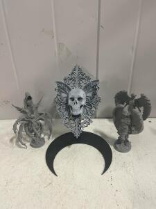 Large 3D Printed Gothic Fantasy Skull Statue with Crescent Stand & Angel/Reaper Figures