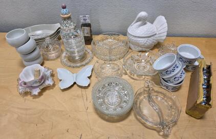 Vintage Mixed Lot: Pressed Glass, Porcelain, Blue-White Cups, Turkey Tureen