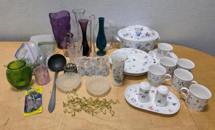 Assorted Floral Porcelain Dinnerware & Colorful Glassware Lot, Soup Tureen