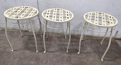 Set of 3 Round Metal Patio Side Tables, Light Cream Finish, 12" x 15"